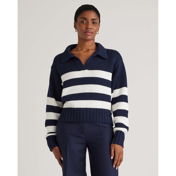 Quince Sweaters - Quince Organic Cotton Knit Cropped Polo Sweater Navy White Stripe Size Medium